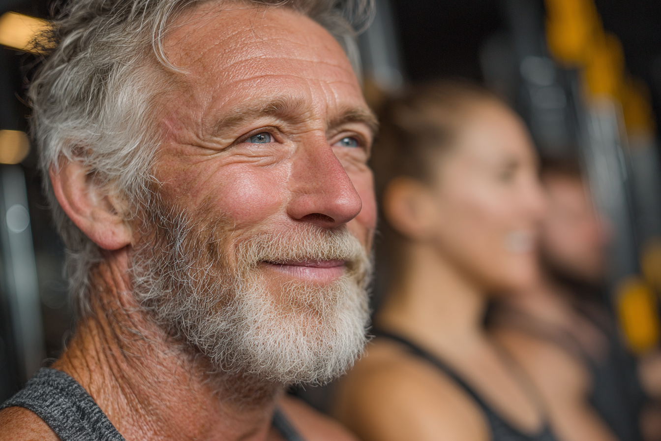 Група людей старшого віку займається фітнесом у світлому залі з професійним тренером