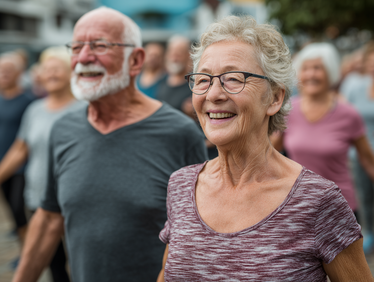 Щаслива пара людей старшого віку після тренування на свіжому повітрі, посміхаються та тримаються за руки